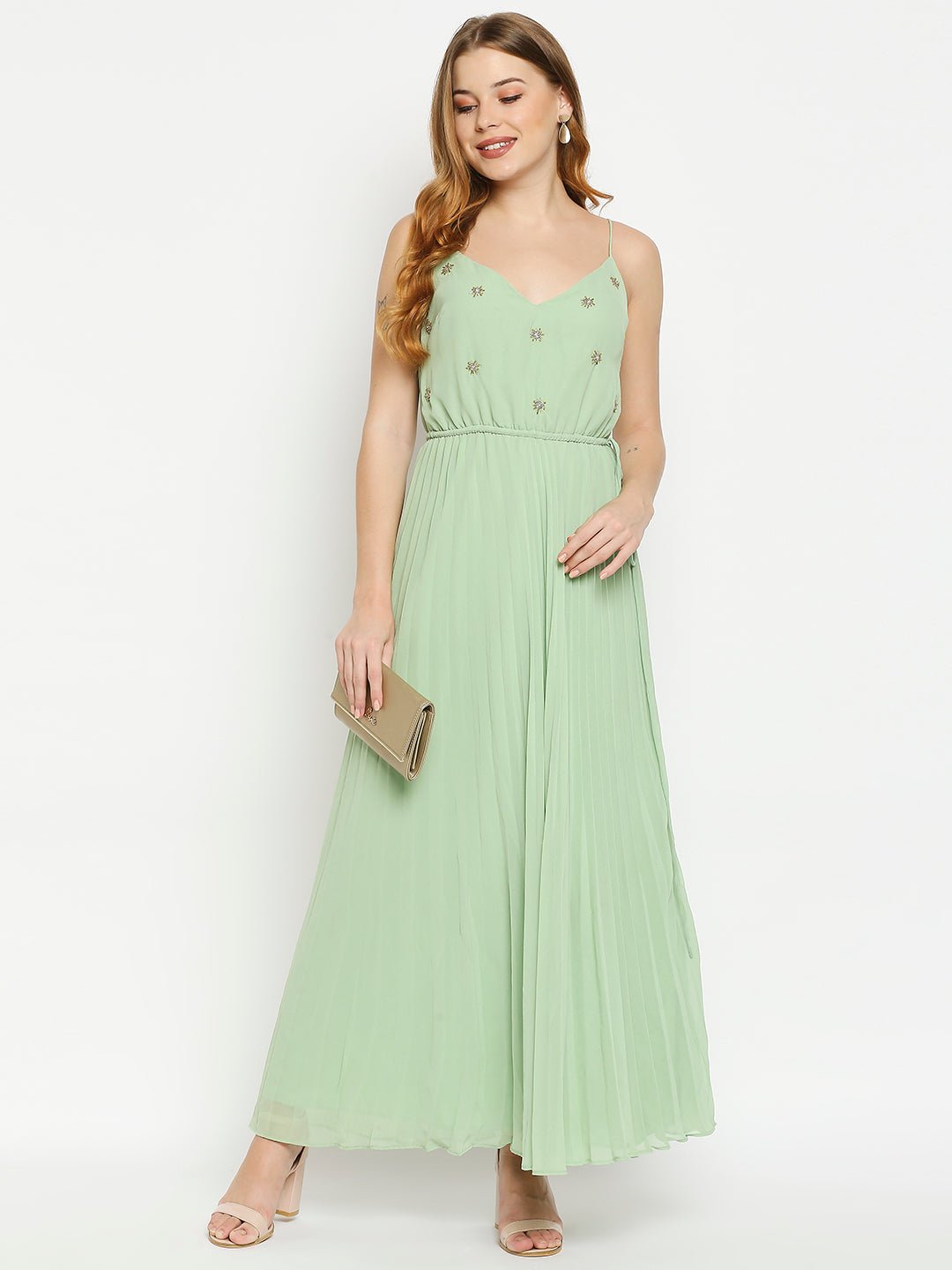 Light Green Pleated Maxi Dress With Embellishments - AaliyaIndia