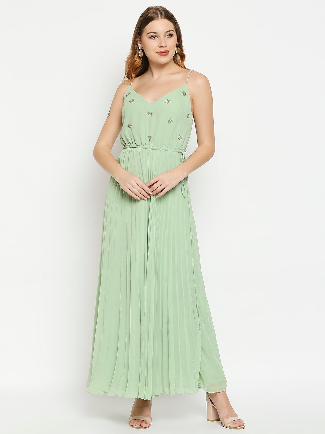 Light Green Pleated Maxi Dress With Embellishments - AaliyaIndia