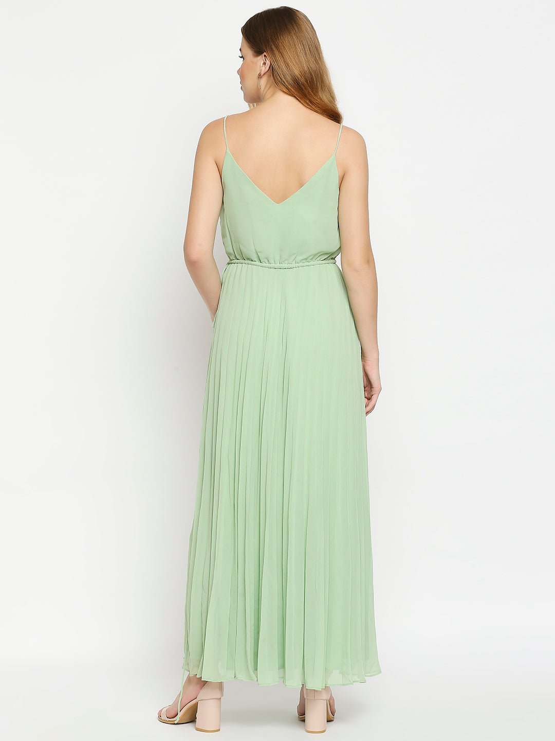 Light Green Pleated Maxi Dress With Embellishments - AaliyaIndia