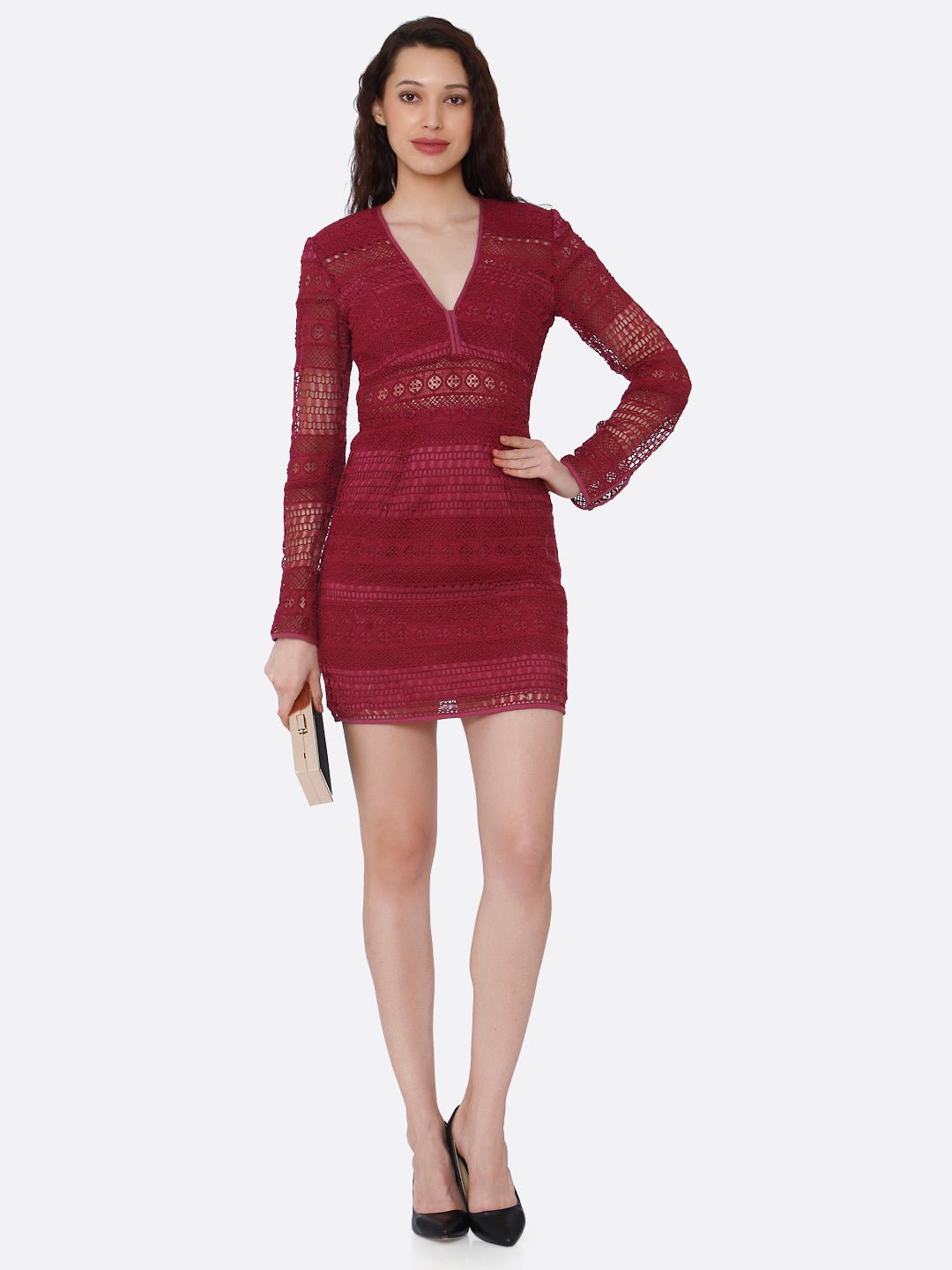 Maroon Bodycon Lace Dress - AaliyaIndia