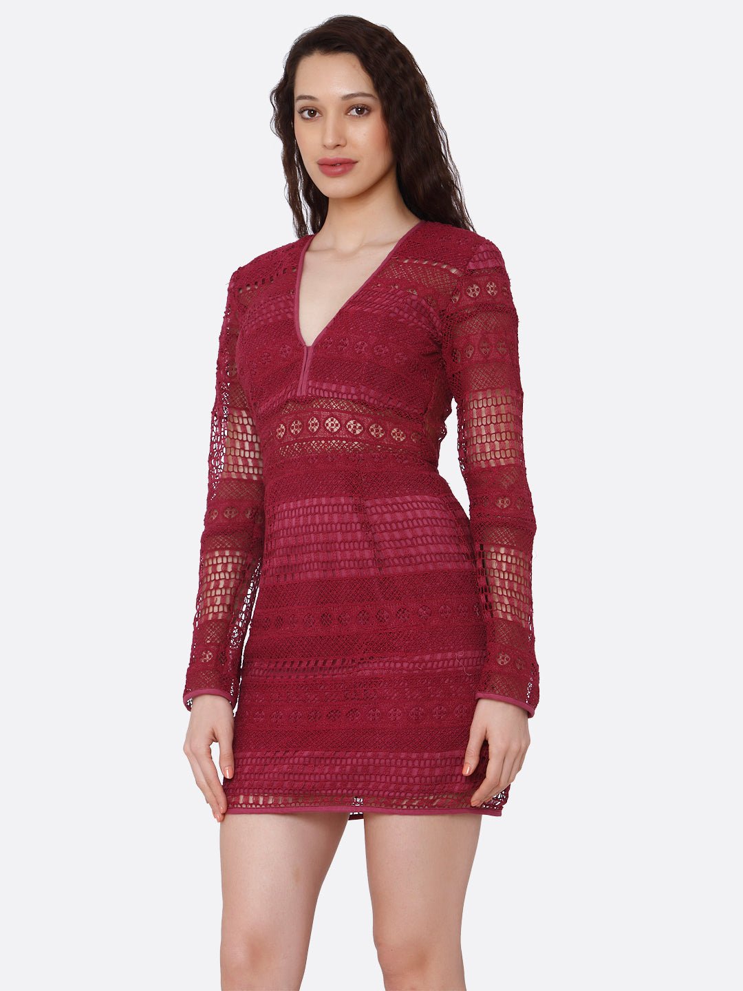 Maroon Bodycon Lace Dress - AaliyaIndia