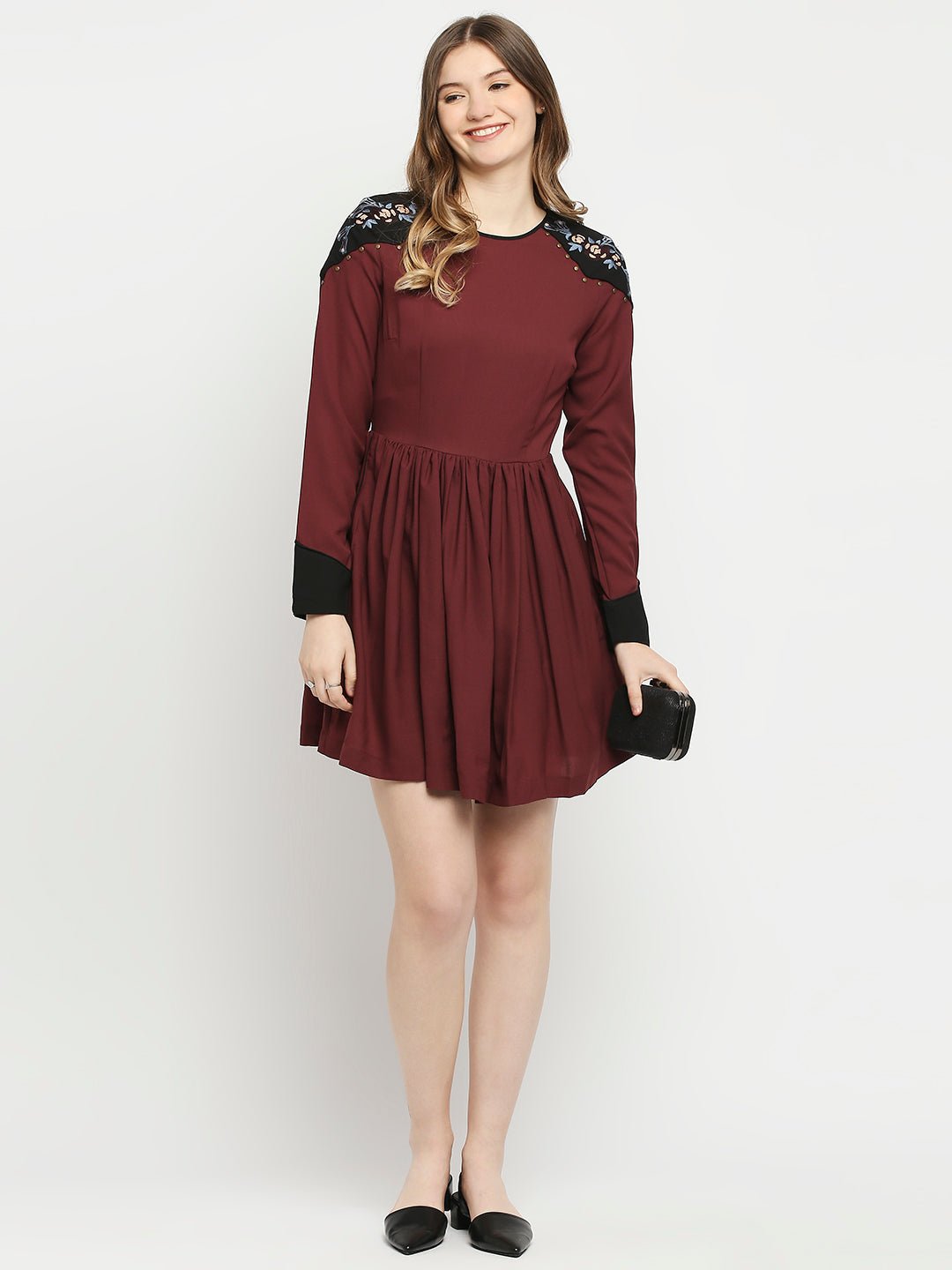 Maroon Crepe Dress With Shoulder Embroidery - AaliyaIndia