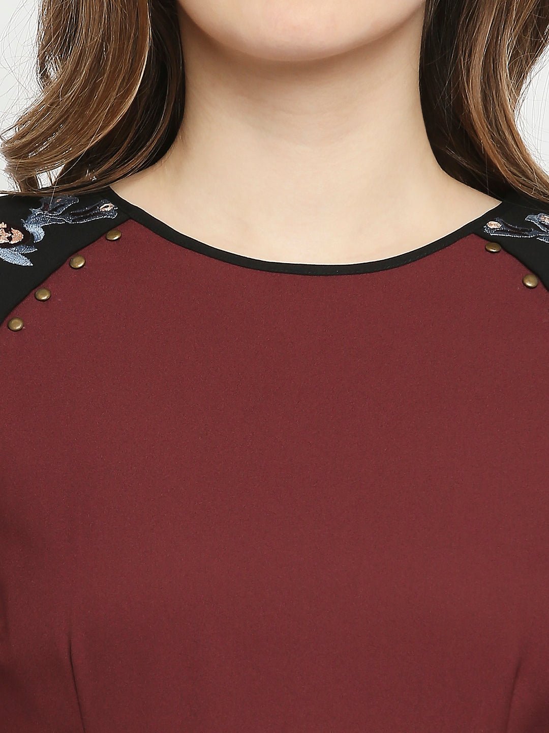 Maroon Crepe Dress With Shoulder Embroidery - AaliyaIndia