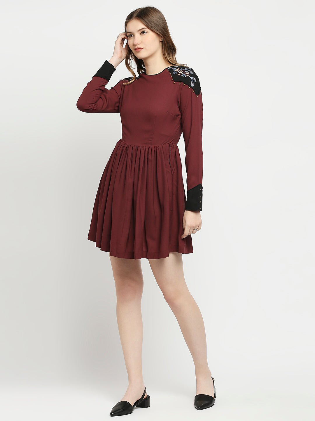 Maroon Crepe Dress With Shoulder Embroidery - AaliyaIndia