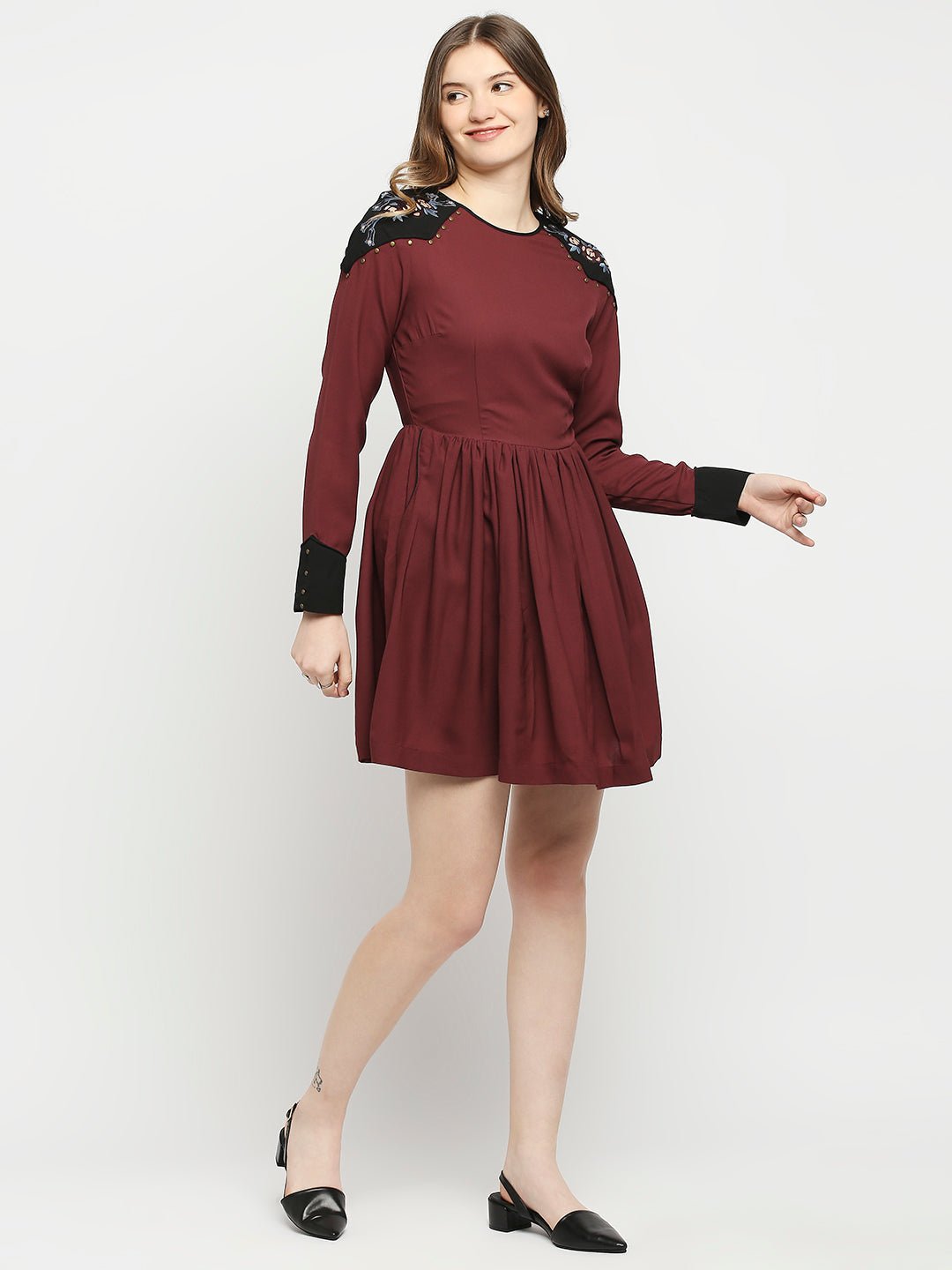 Maroon Crepe Dress With Shoulder Embroidery - AaliyaIndia