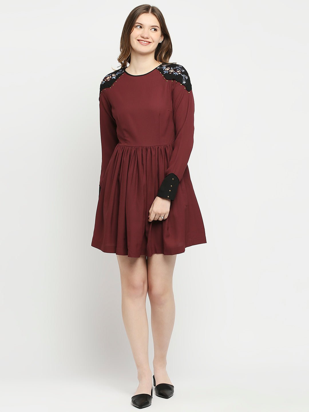 Maroon Crepe Dress With Shoulder Embroidery - AaliyaIndia