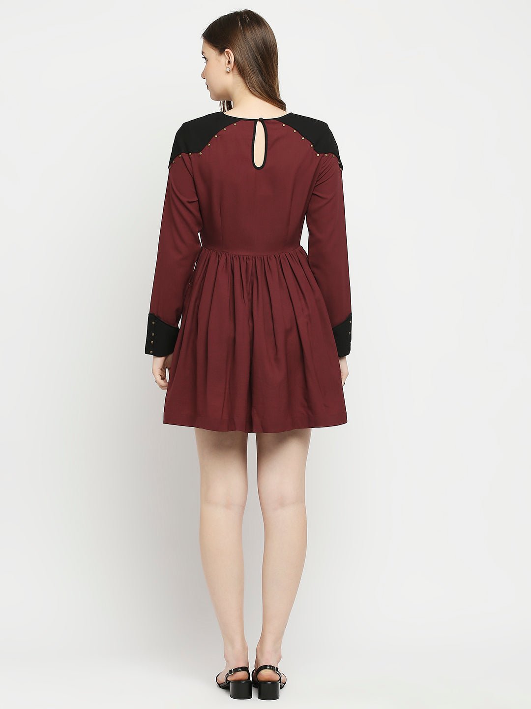 Maroon Crepe Dress With Shoulder Embroidery - AaliyaIndia