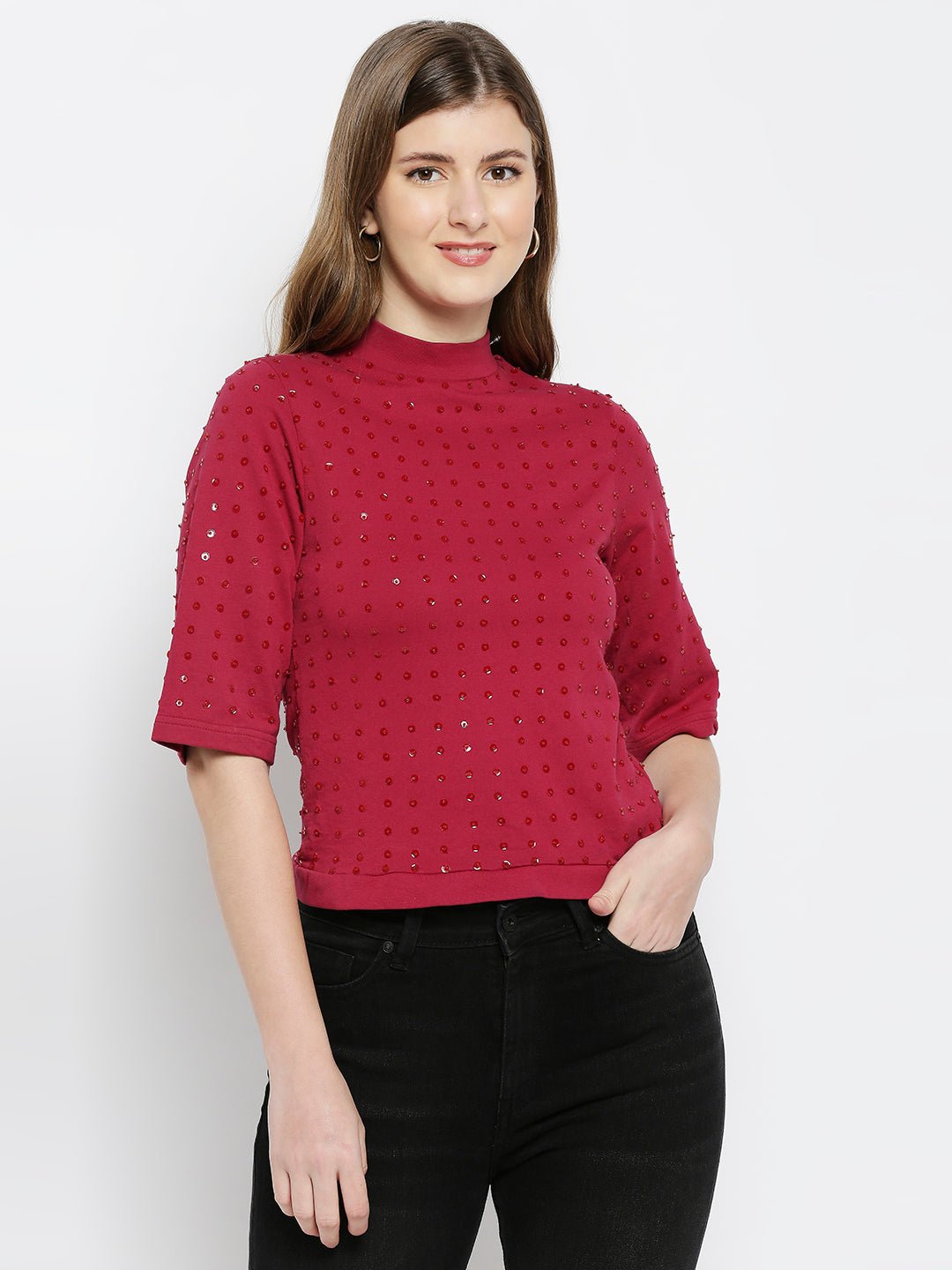 Maroon Embellished Cotton Top - AaliyaIndia