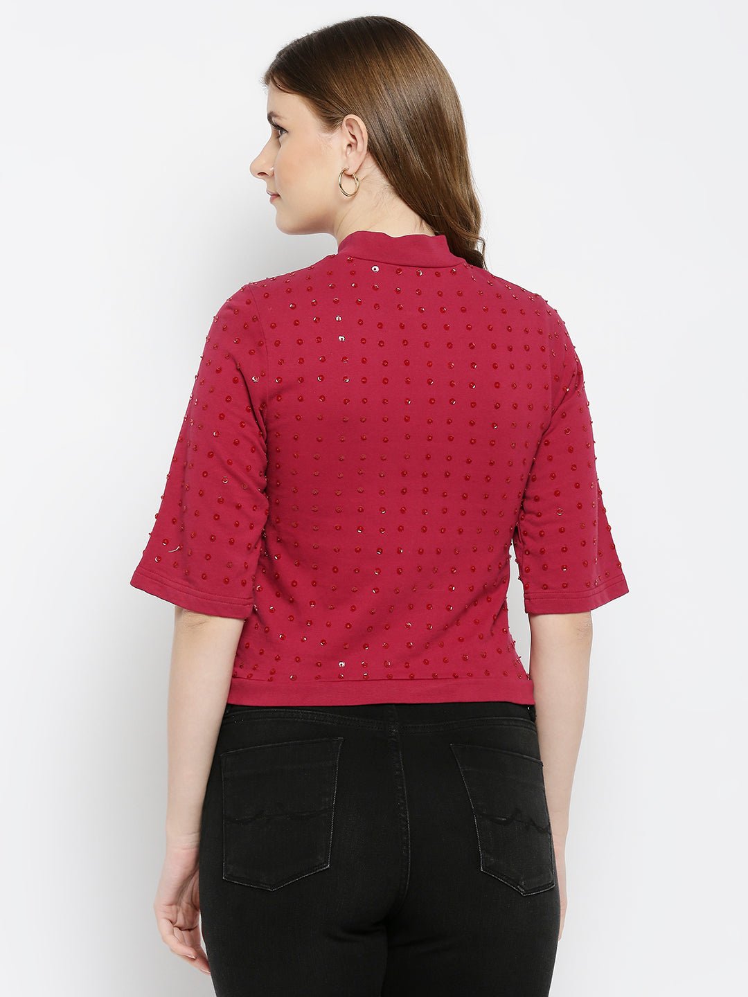 Maroon Embellished Cotton Top - AaliyaIndia