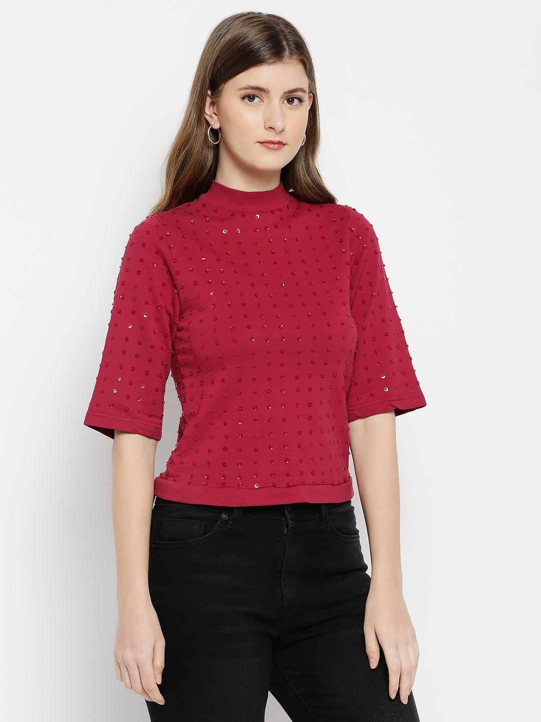 Maroon Embellished Cotton Top - AaliyaIndia