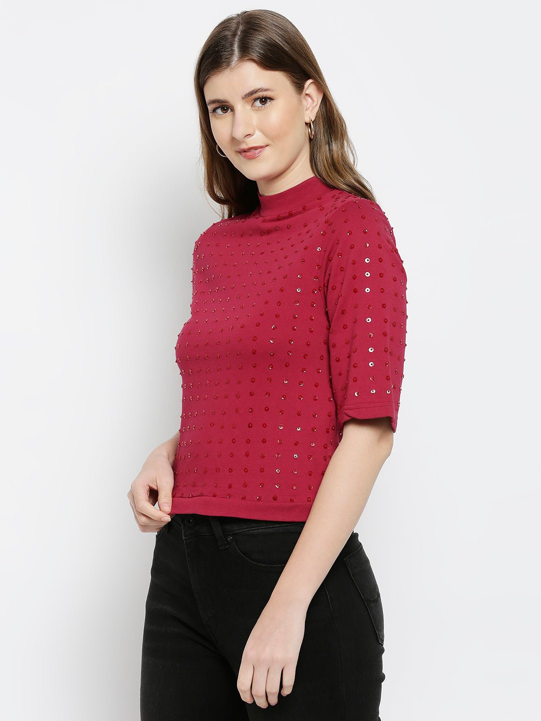 Maroon Embellished Cotton Top - AaliyaIndia