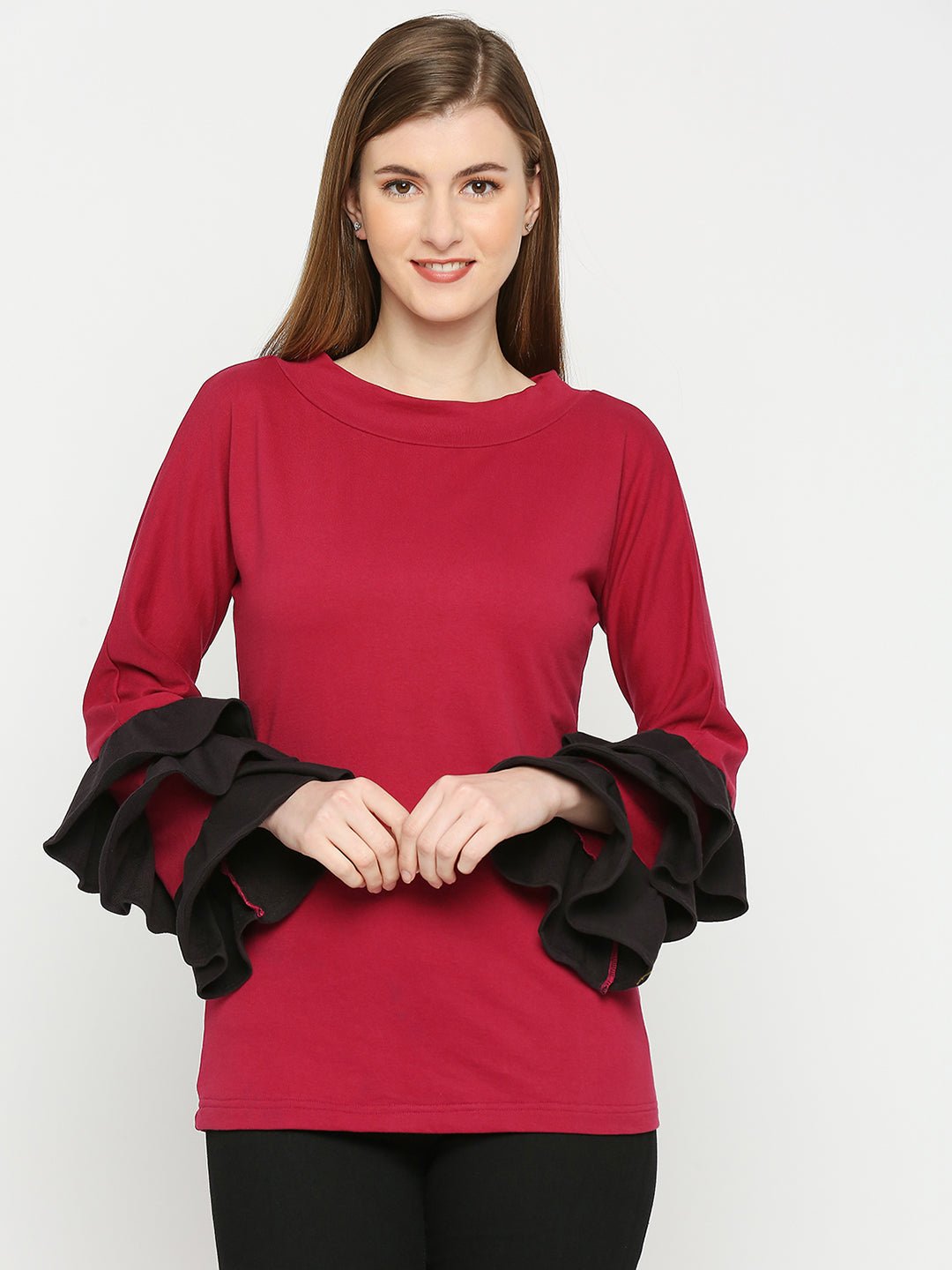 Maroon Top With Black Ruffled Sleeves - AaliyaIndia