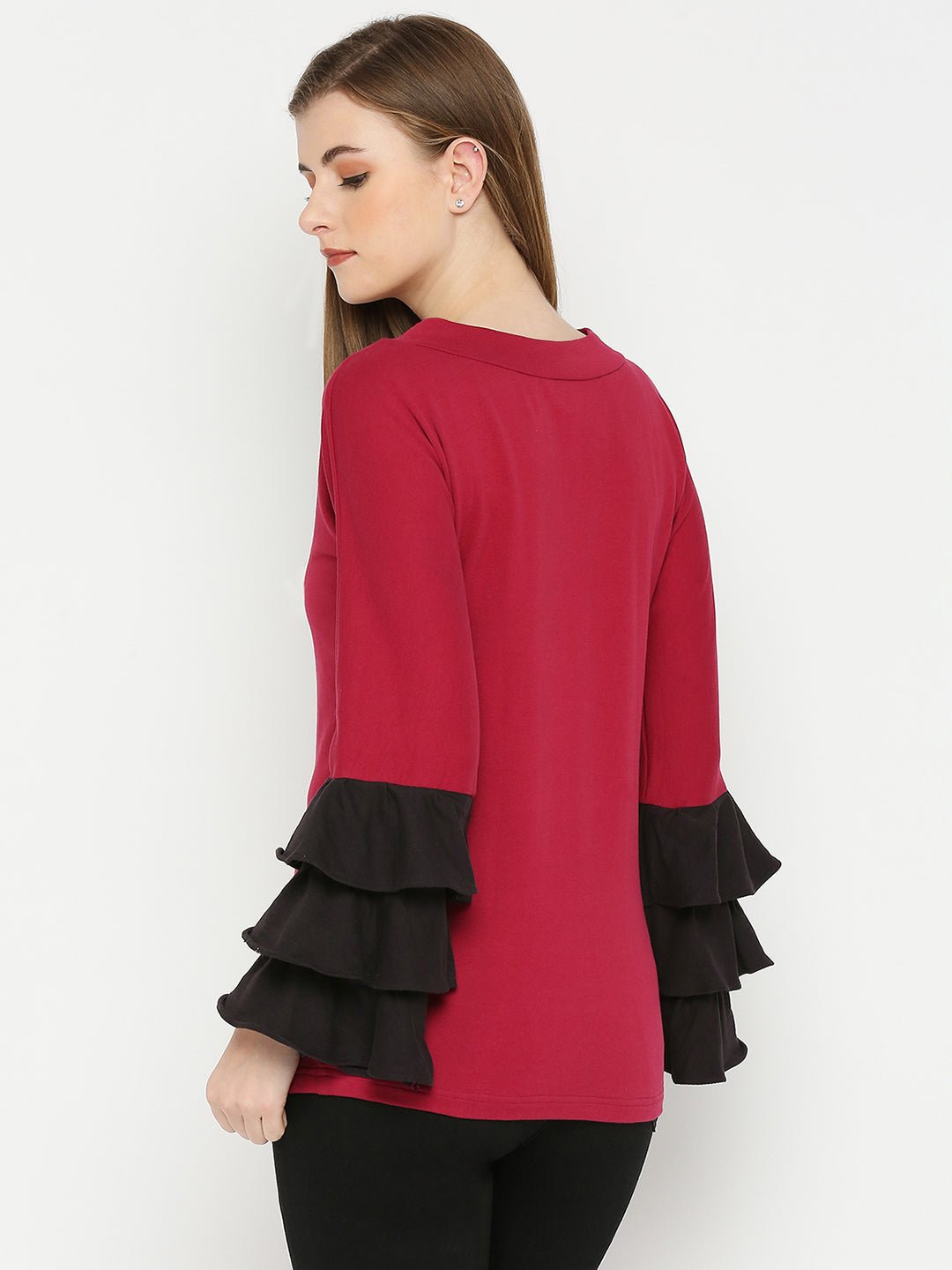 Maroon Top With Black Ruffled Sleeves - AaliyaIndia