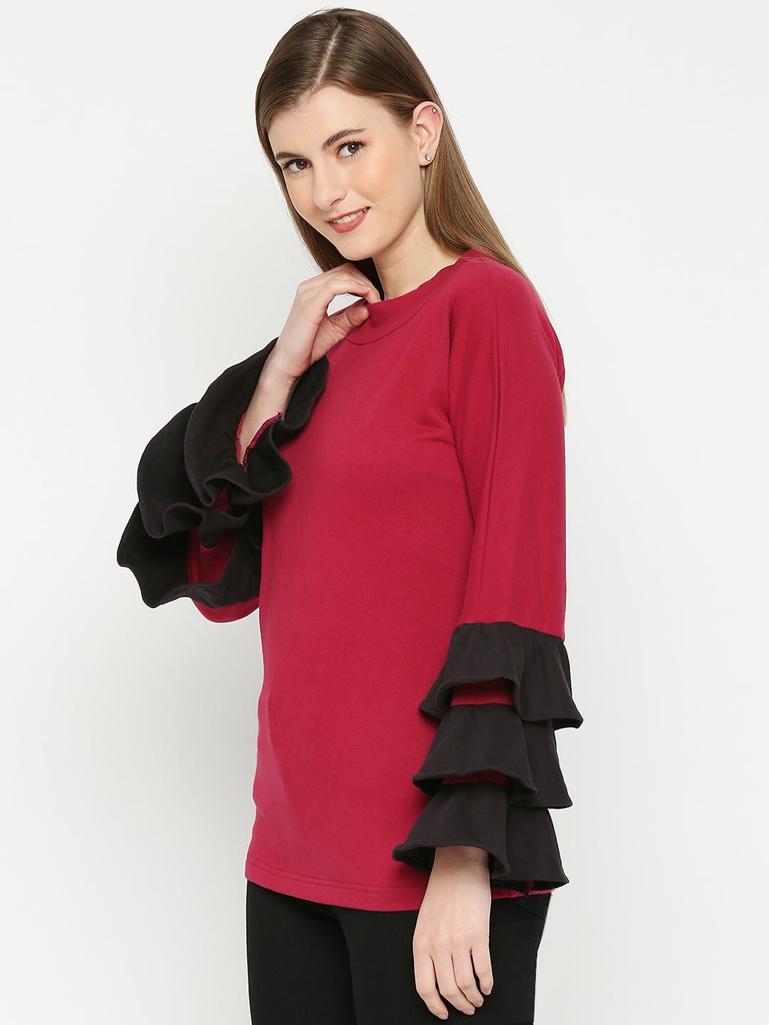 Maroon Top With Black Ruffled Sleeves - AaliyaIndia