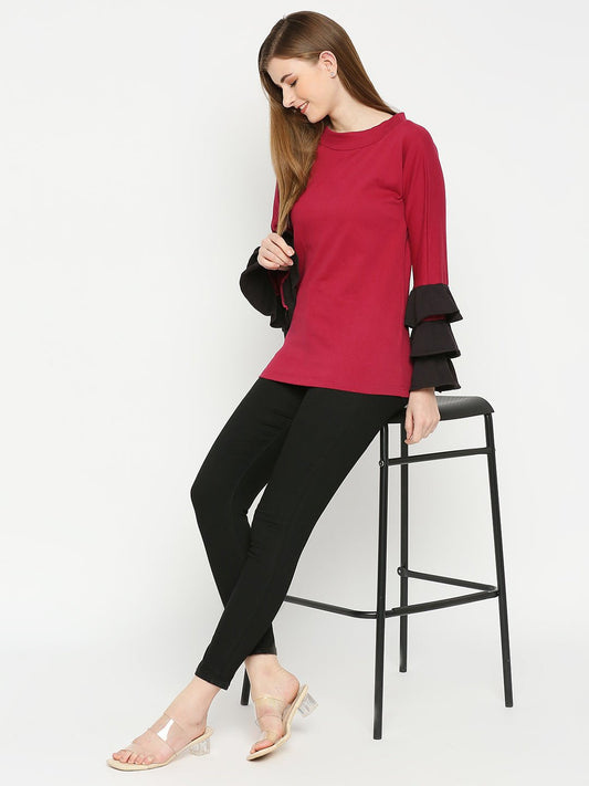 Maroon Top With Black Ruffled Sleeves - AaliyaIndia