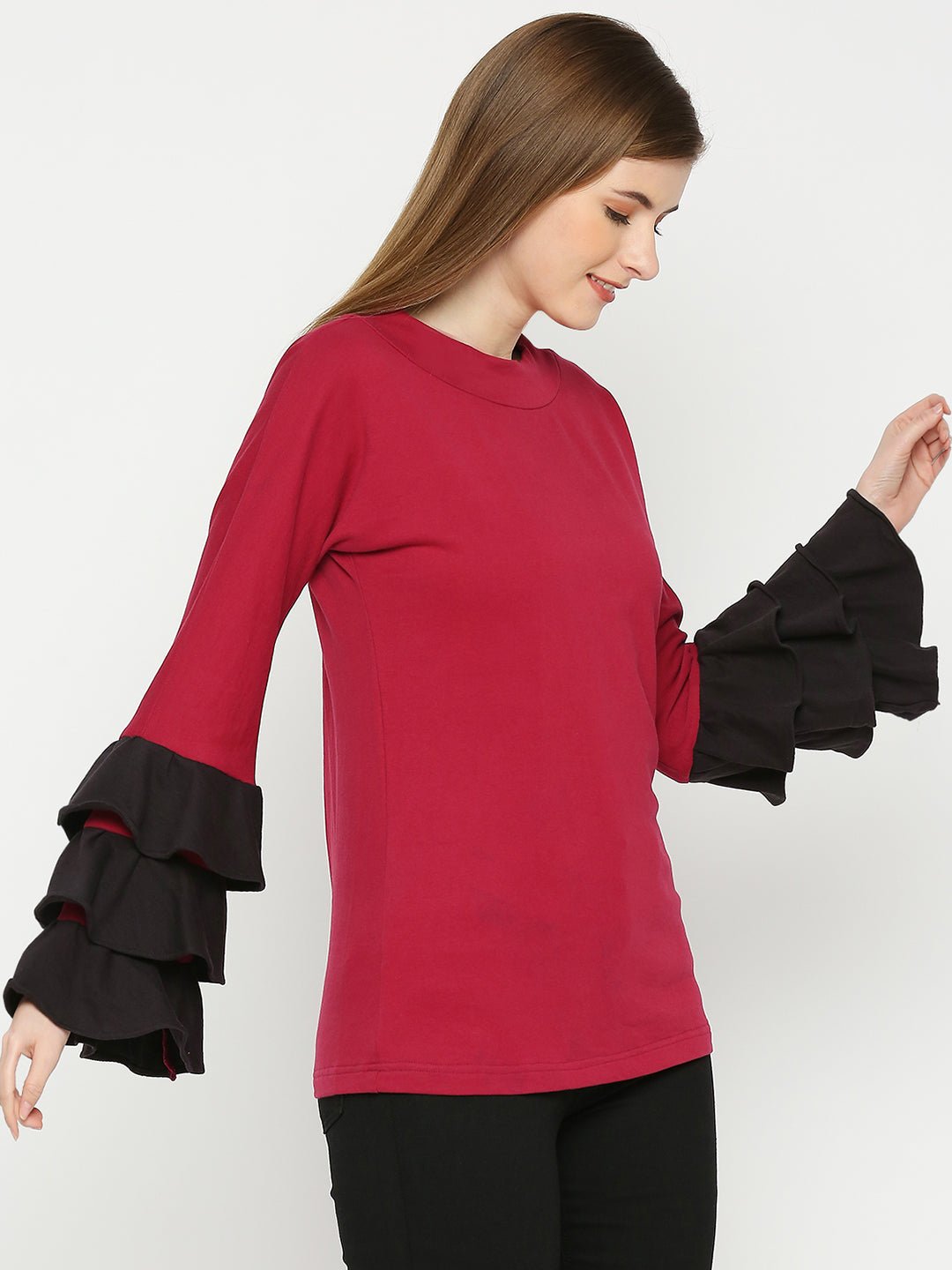 Maroon Top With Black Ruffled Sleeves - AaliyaIndia