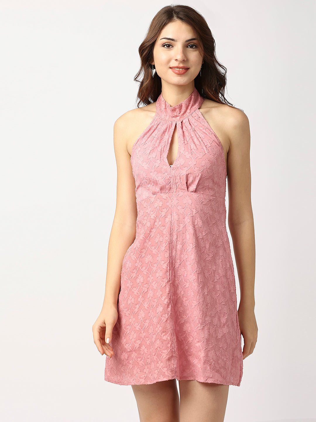 Mauve Jacquard Halter Neck Short Dress - AaliyaIndia