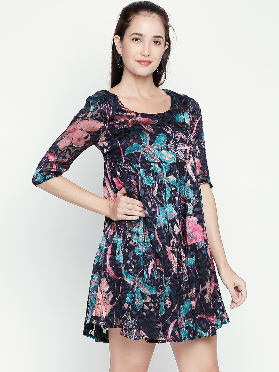 Multicolor Burnout Jaquard Printed Dress - AaliyaIndia