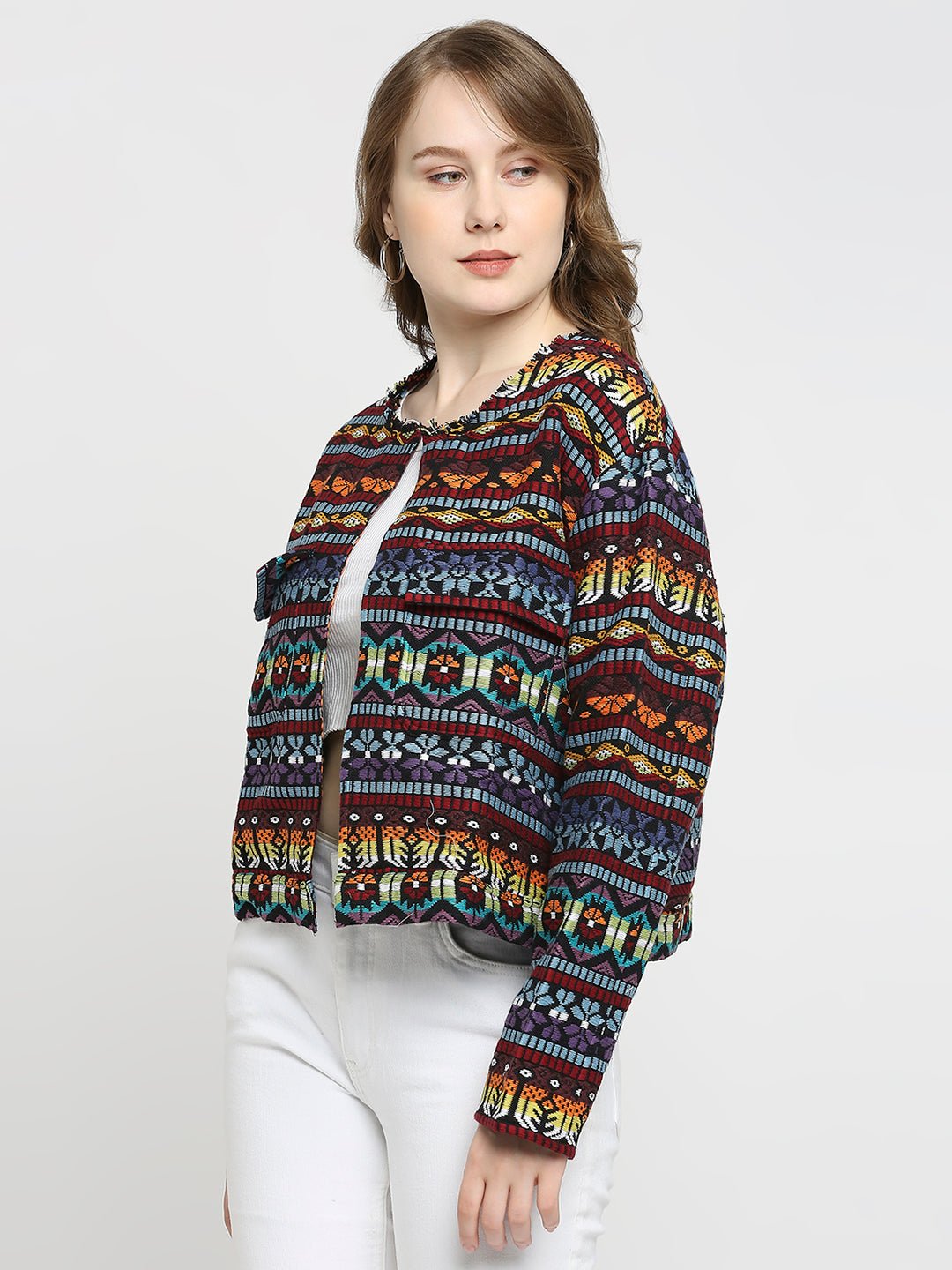 Multicolor Full Sleeve Jacquard Jacket - AaliyaIndia