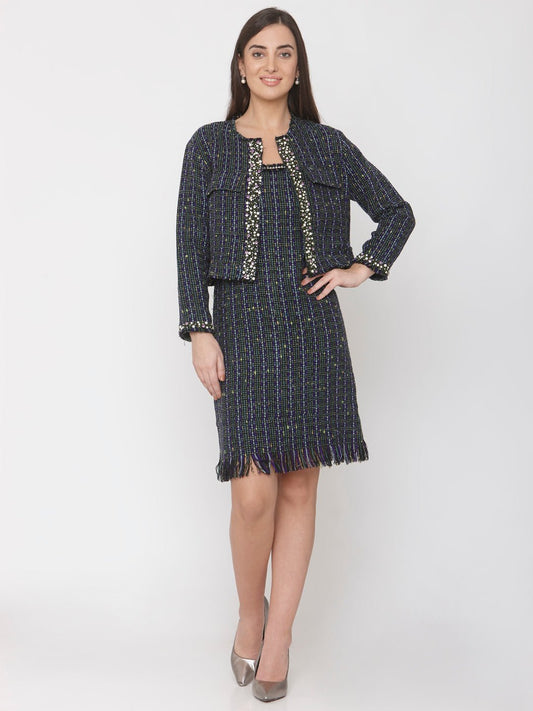 Multicolor Jacquard Embellished Shoulder Strap Dress - AaliyaIndia