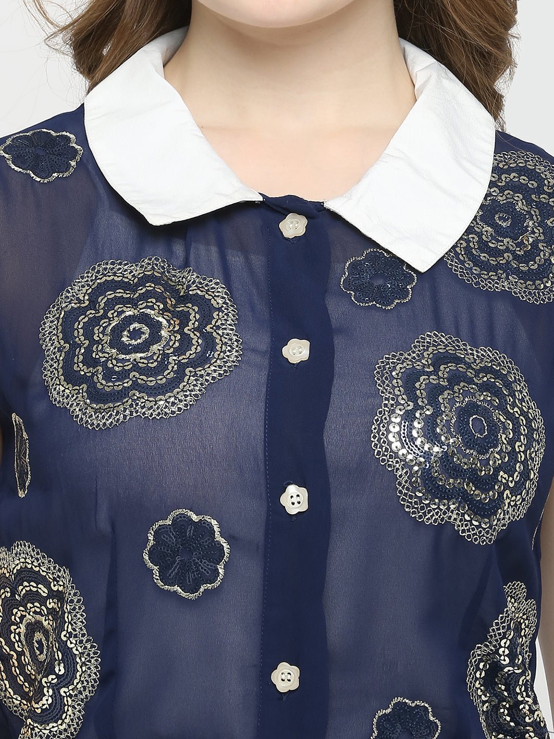 Navy Blue Top , Floral Sequin Work With Shirt Collar - AaliyaIndia