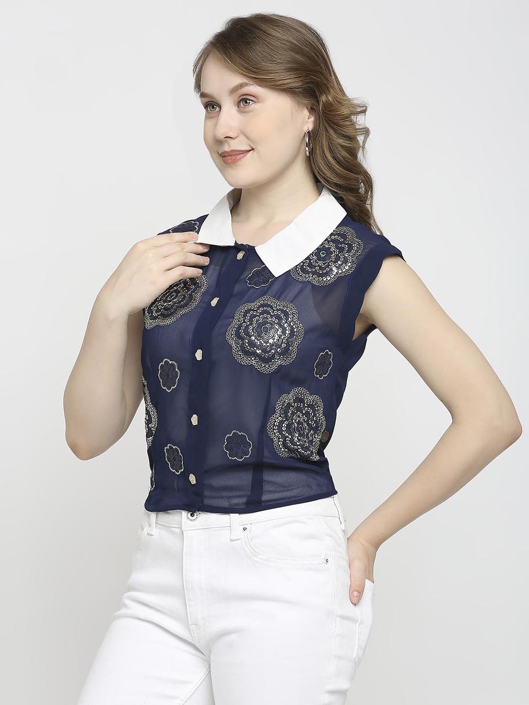 Navy Blue Top , Floral Sequin Work With Shirt Collar - AaliyaIndia