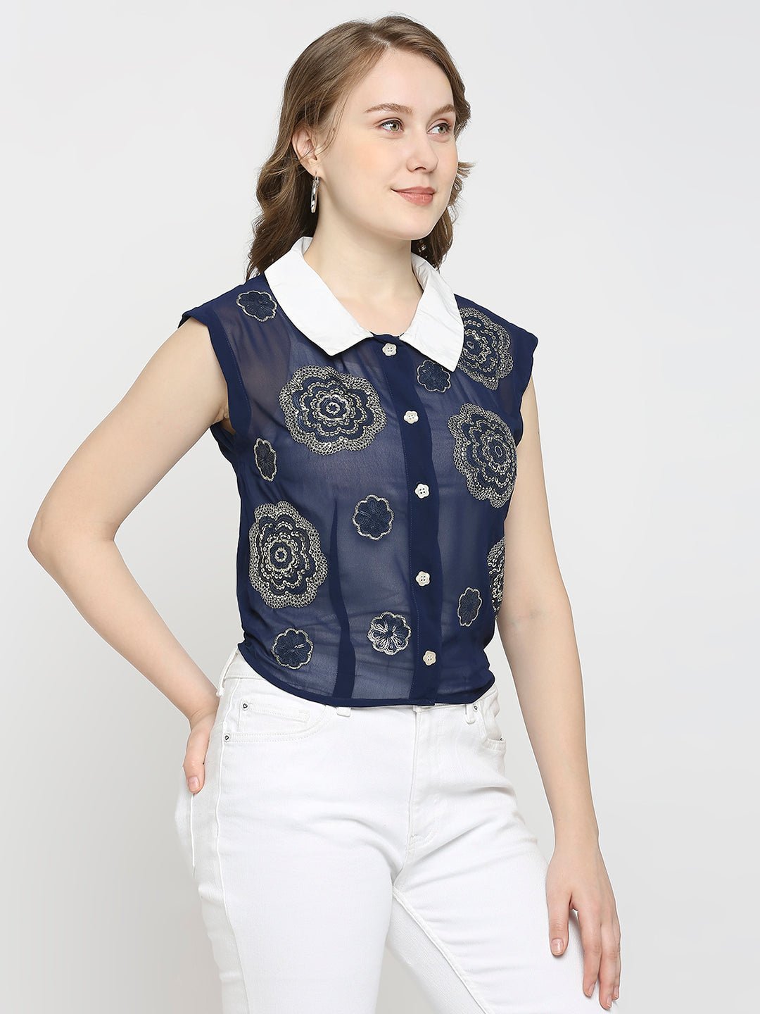 Navy Blue Top , Floral Sequin Work With Shirt Collar - AaliyaIndia