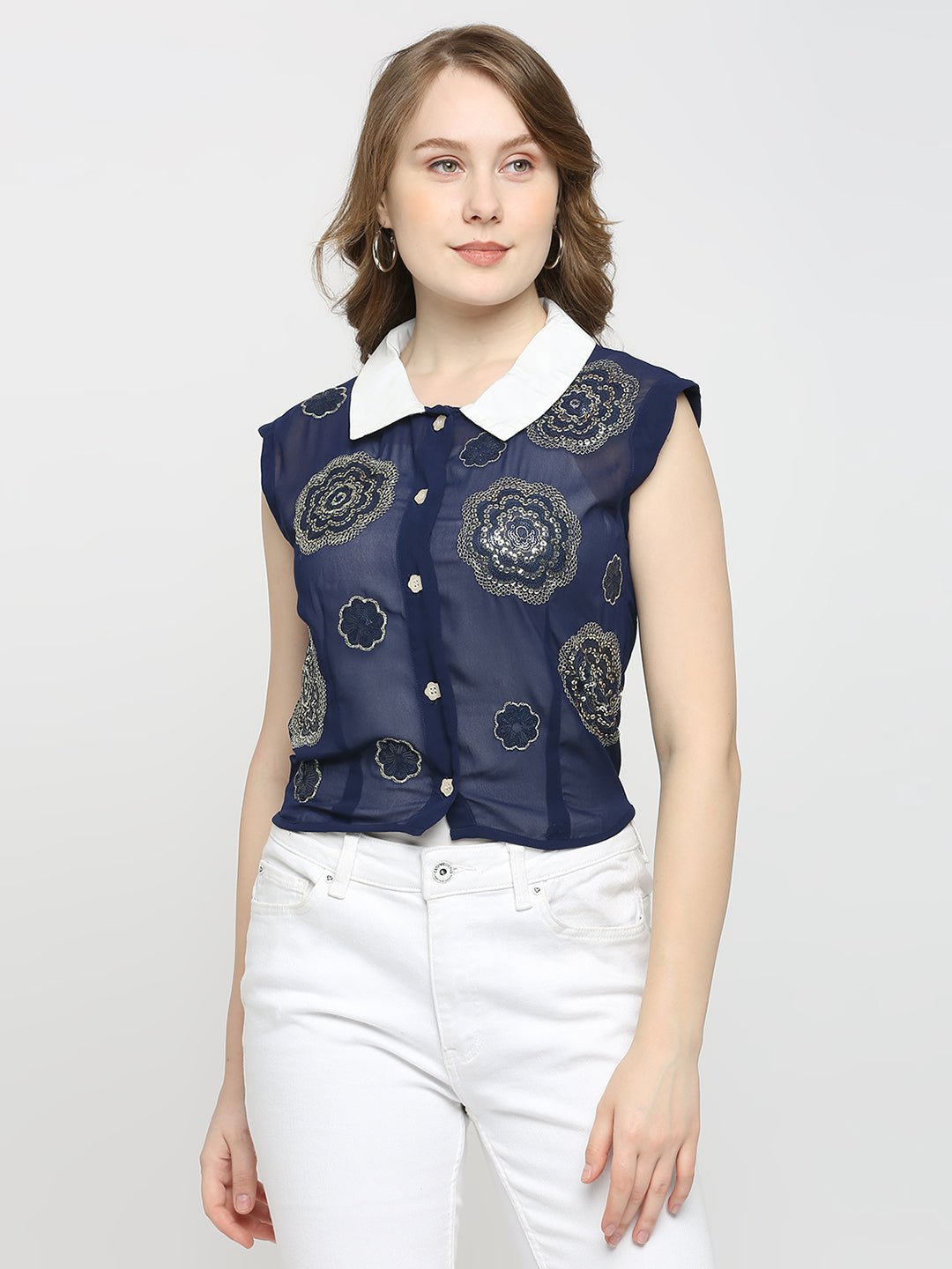 Navy Blue Top , Floral Sequin Work With Shirt Collar - AaliyaIndia