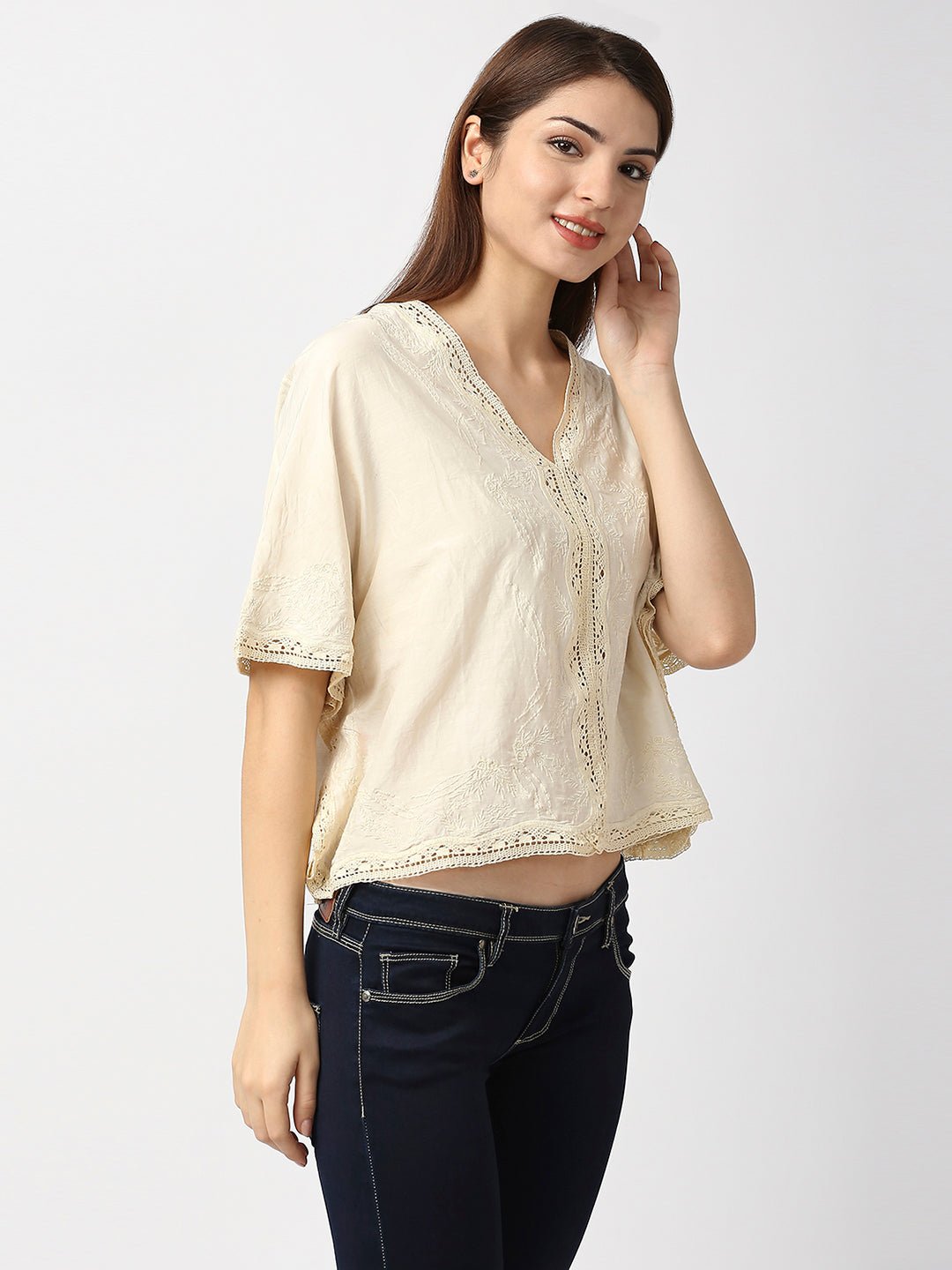 Off-White Cotton Embroidered Top - AaliyaIndia