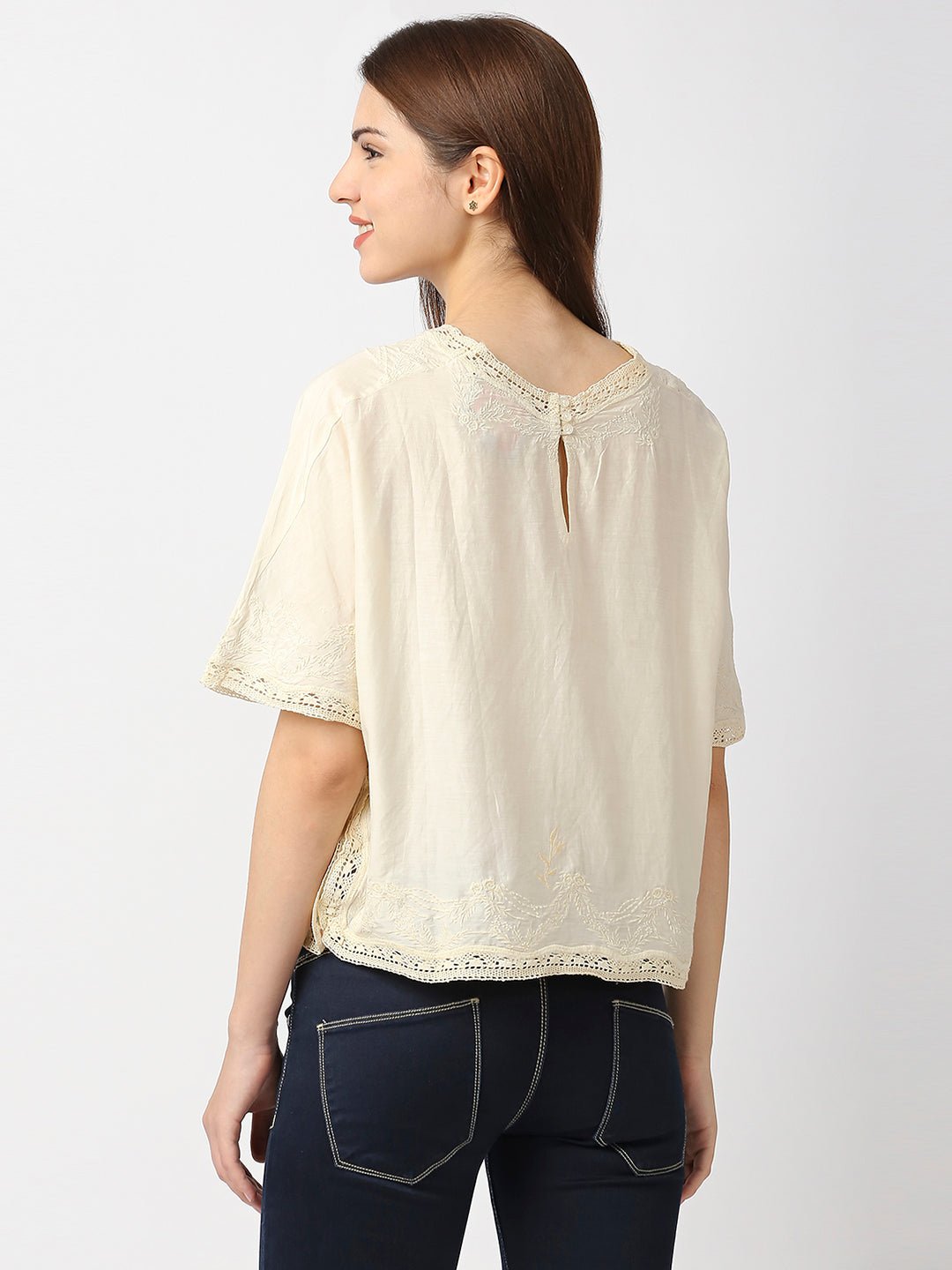 Off-White Cotton Embroidered Top - AaliyaIndia