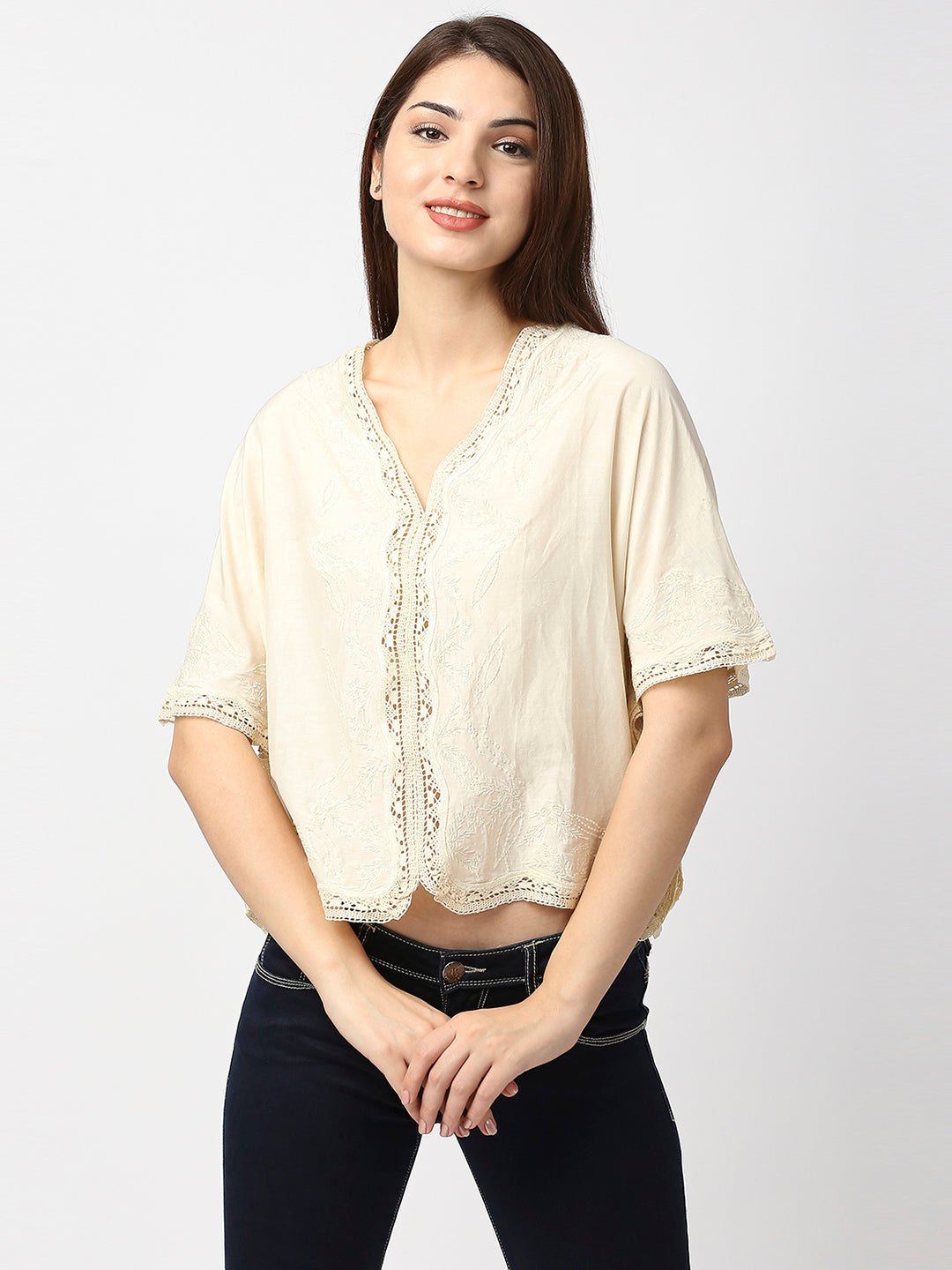 Off-White Cotton Embroidered Top - AaliyaIndia