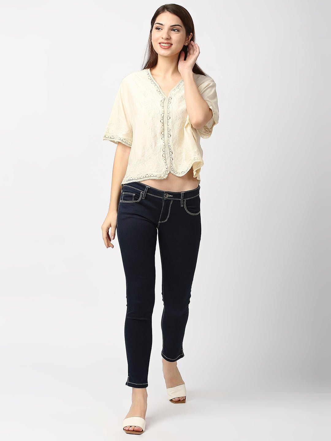 Off-White Cotton Embroidered Top - AaliyaIndia