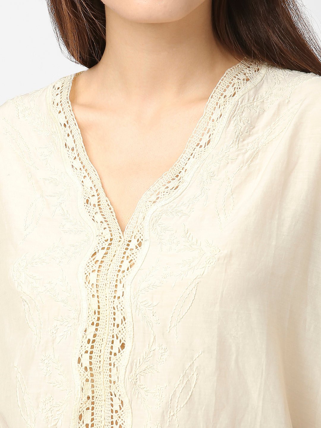 Off-White Cotton Embroidered Top - AaliyaIndia