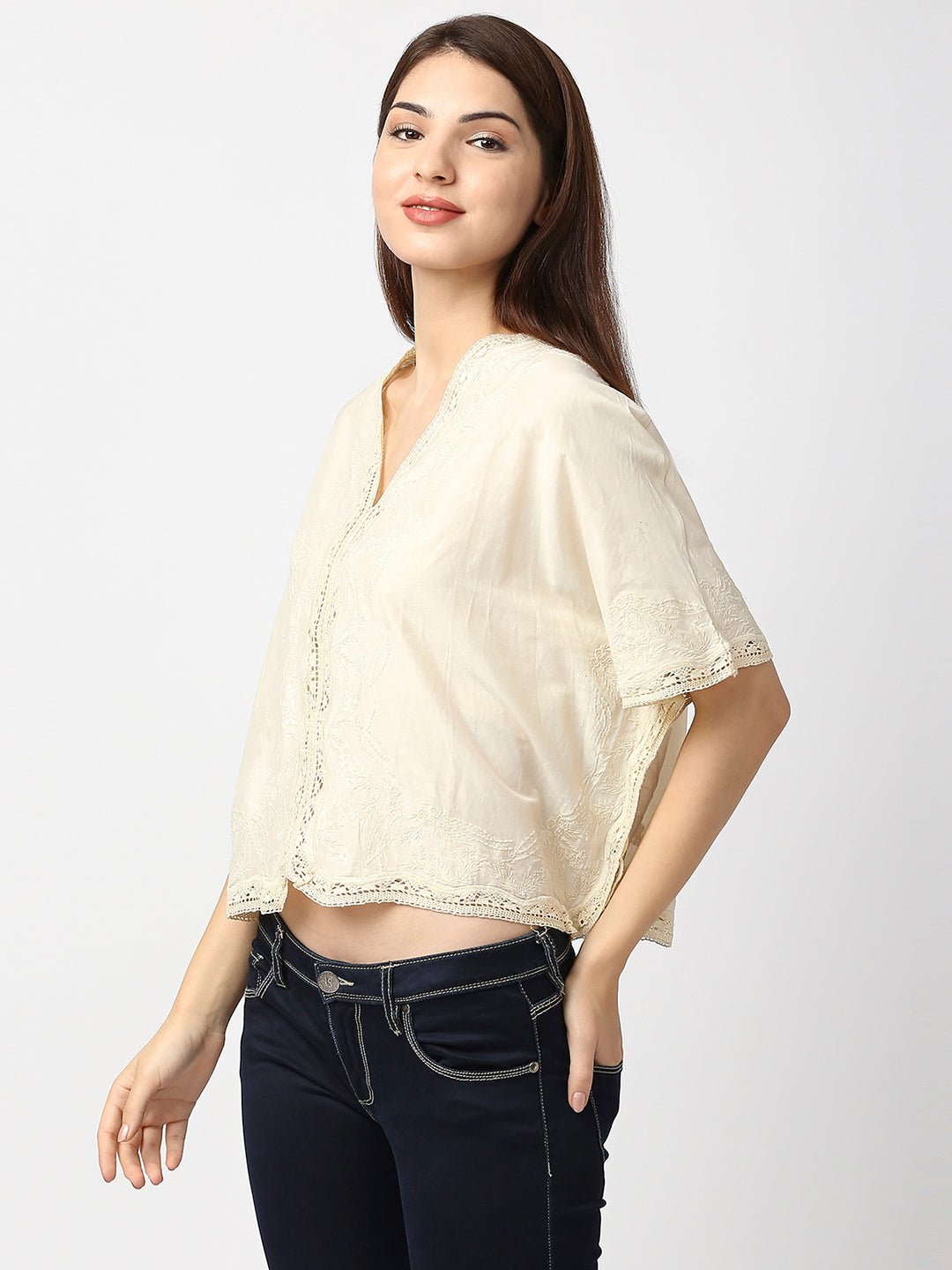 Off-White Cotton Embroidered Top - AaliyaIndia