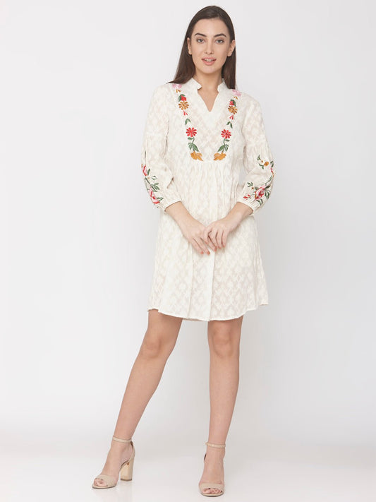 Off-White Jacquard Mini Dress With Floral Embroidery - AaliyaIndia