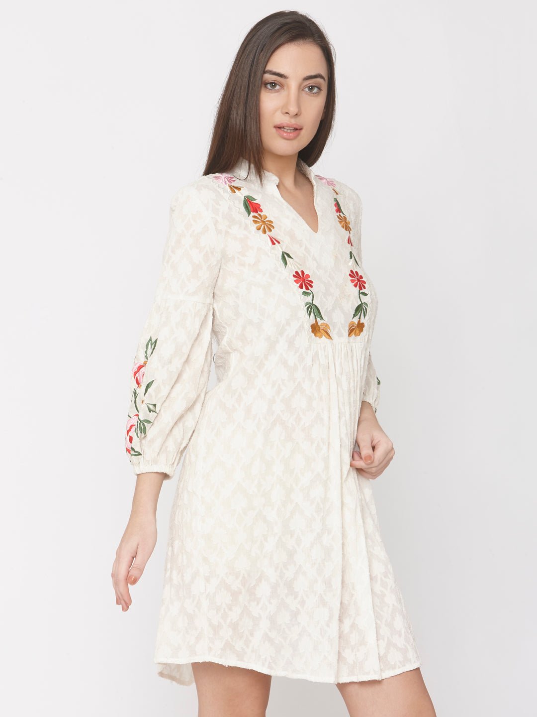 Off-White Jacquard Mini Dress With Floral Embroidery - AaliyaIndia