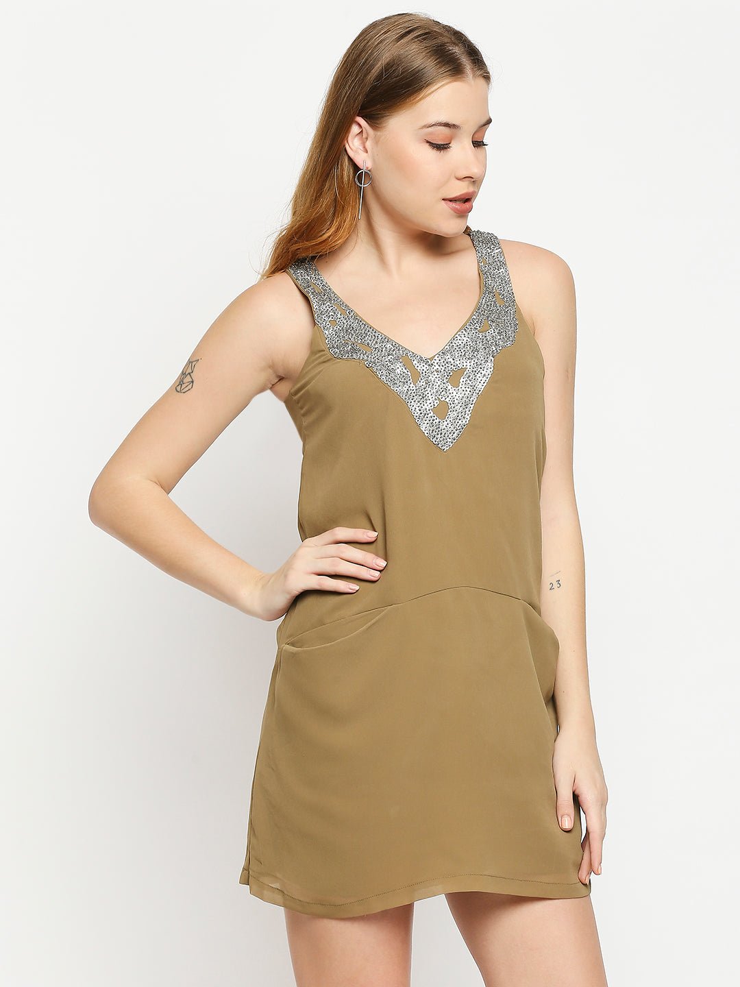 Olive Green Woven Sequin Dress - AaliyaIndia