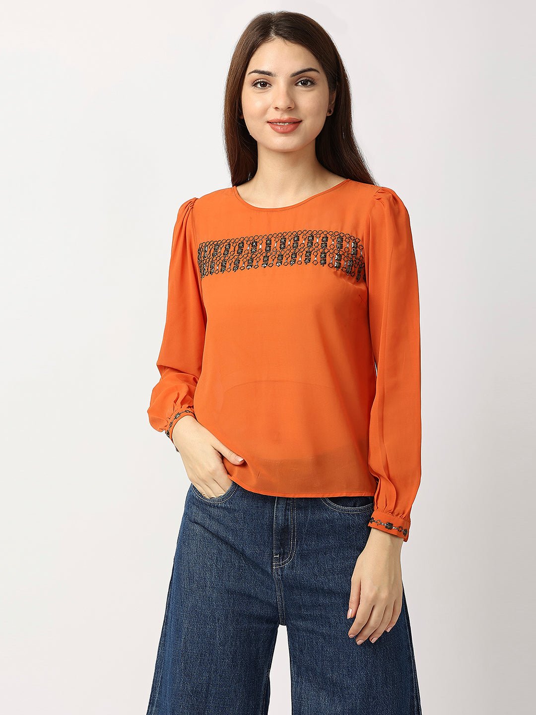 Orange Embellished Top - AaliyaIndia