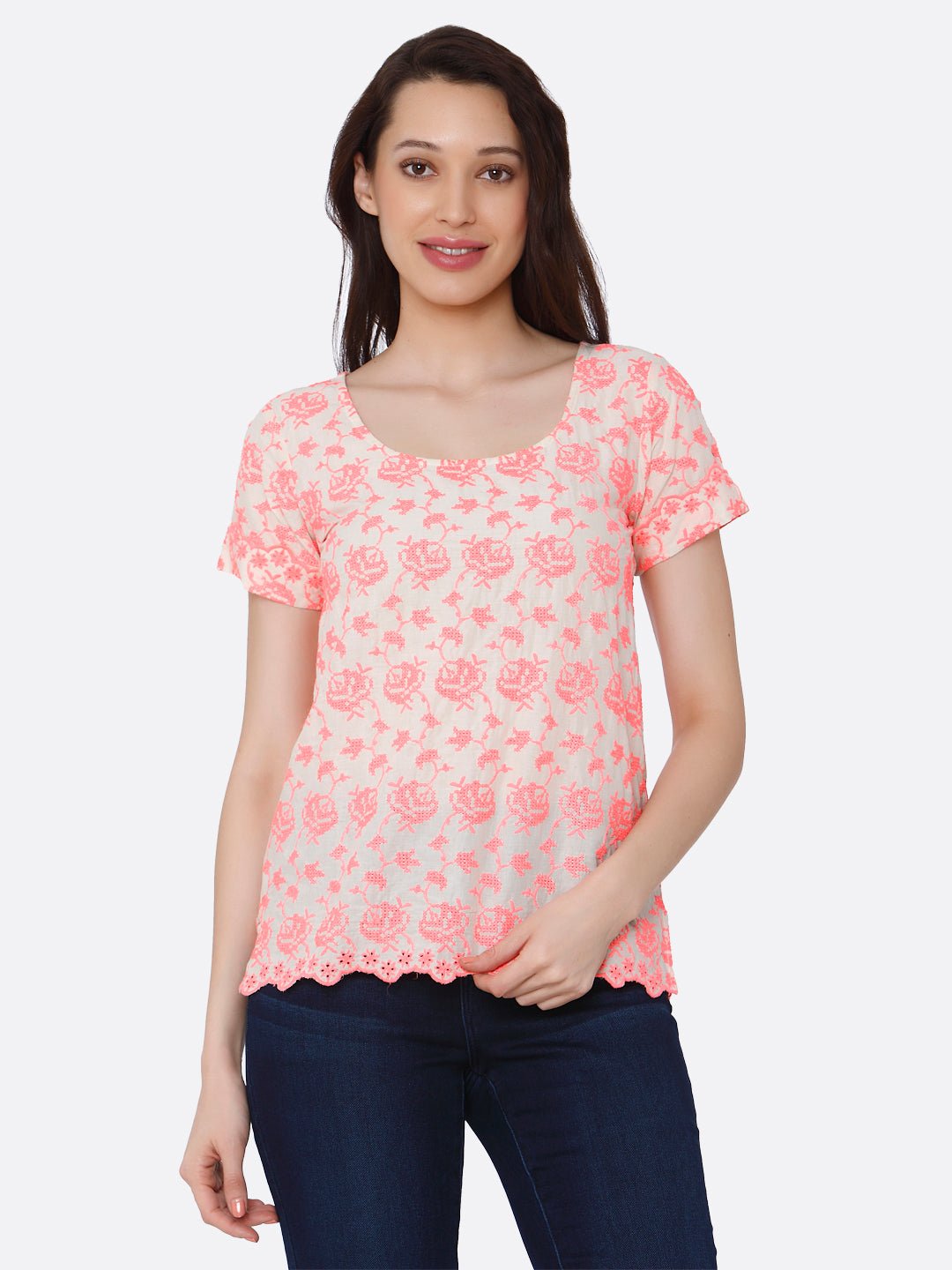 Orange Floral Embroidered Top - AaliyaIndia