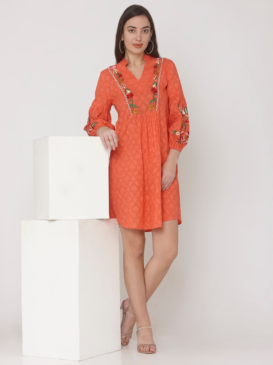 Orange Jacquard Mini Dress With Floral Embroidery - AaliyaIndia