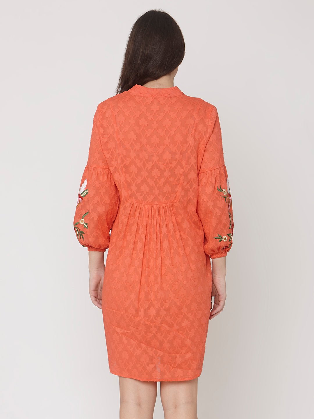 Orange Jacquard Mini Dress With Floral Embroidery - AaliyaIndia