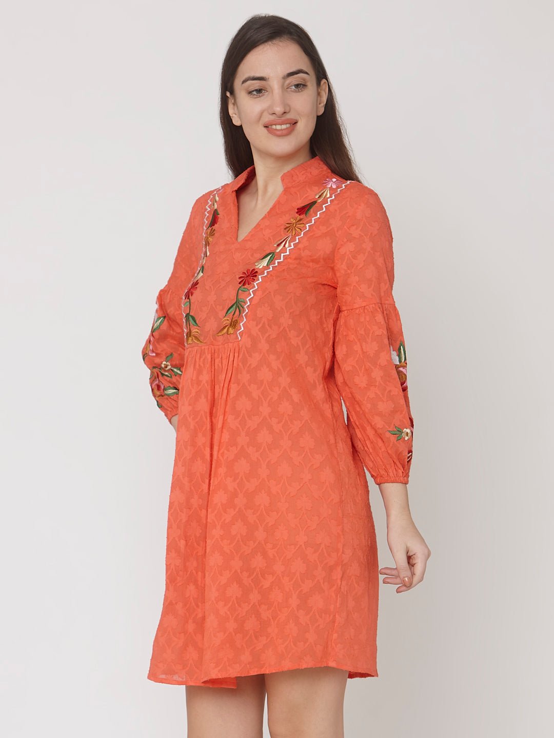 Orange Jacquard Mini Dress With Floral Embroidery - AaliyaIndia