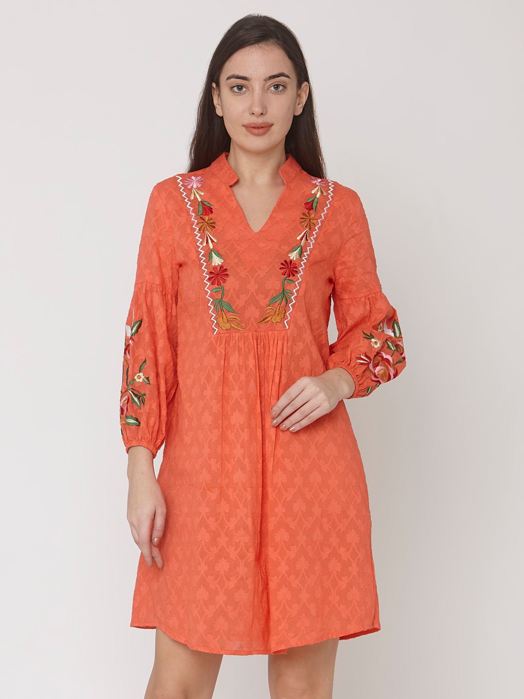 Orange Jacquard Mini Dress With Floral Embroidery - AaliyaIndia