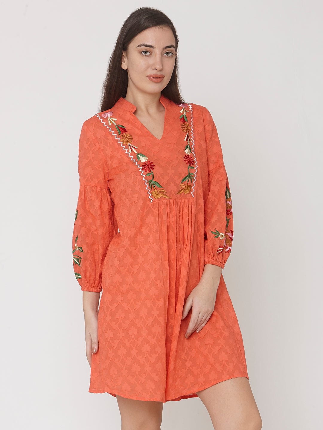 Orange Jacquard Mini Dress With Floral Embroidery - AaliyaIndia