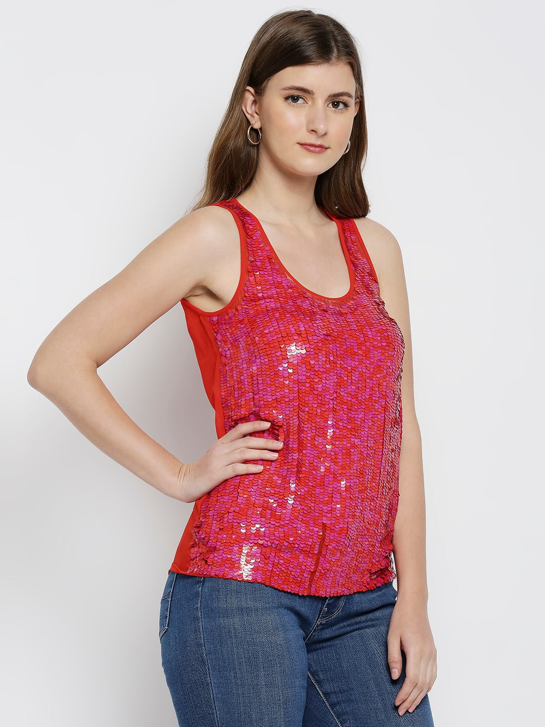 Orange Sequin Embellished Tank Top - AaliyaIndia