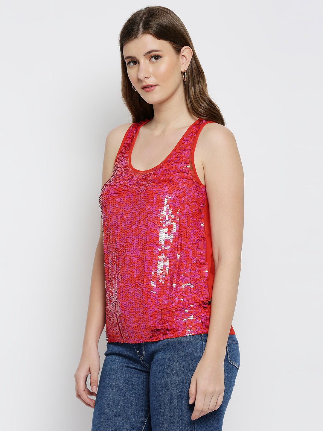 Orange Sequin Embellished Tank Top - AaliyaIndia