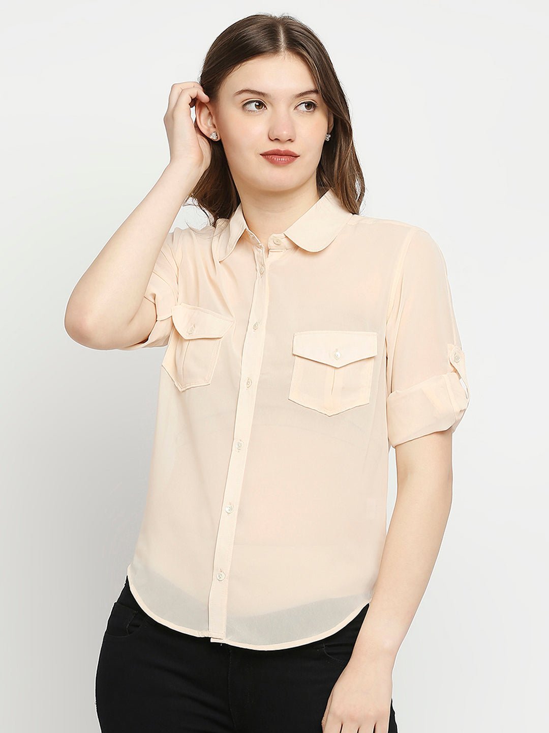 Peach Georgette Shirt With Pockets - AaliyaIndia