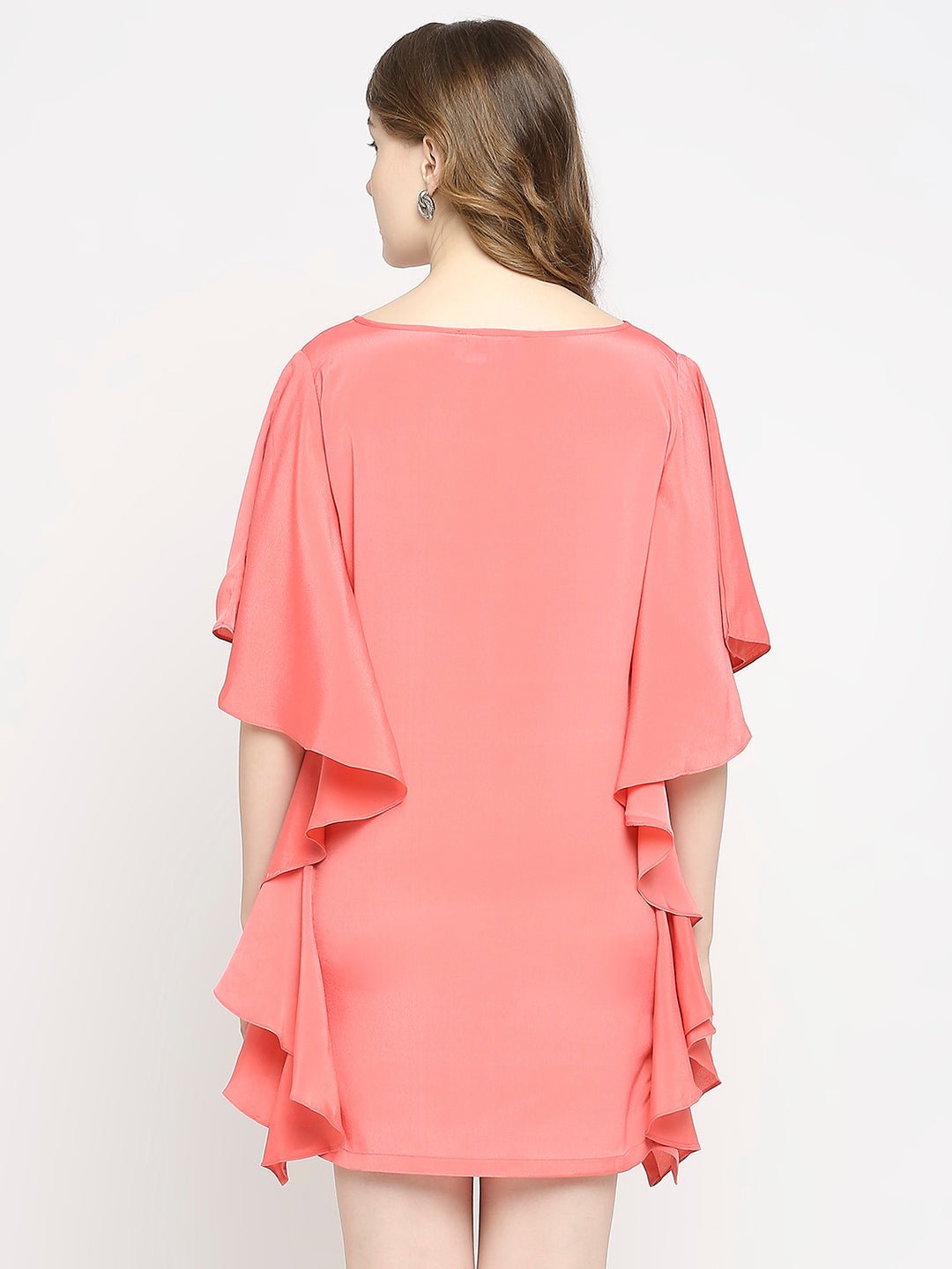 Pink Boat Neck Ruffled Sleeve Dress - AaliyaIndia