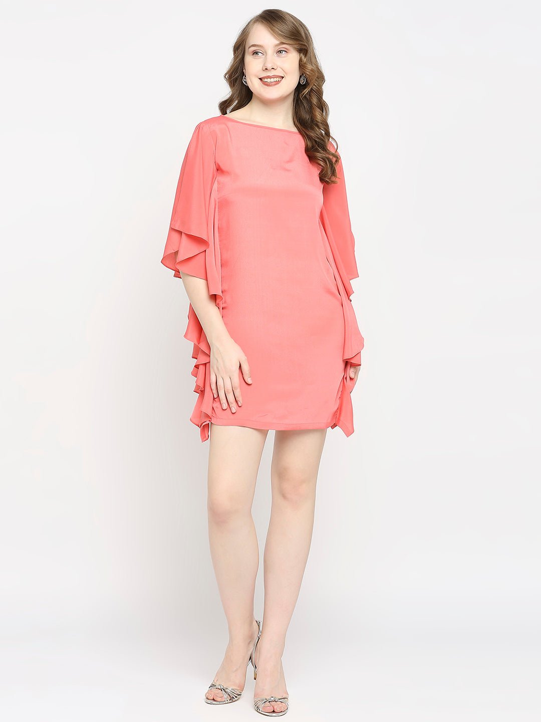 Pink Boat Neck Ruffled Sleeve Dress - AaliyaIndia