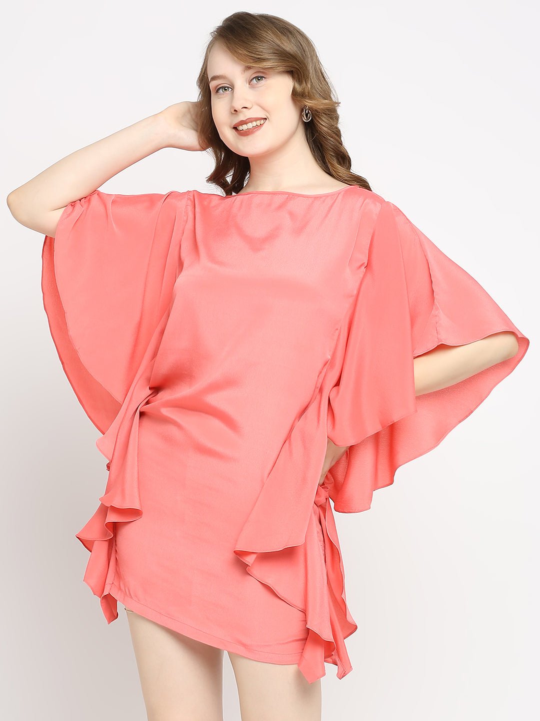 Pink Boat Neck Ruffled Sleeve Dress - AaliyaIndia